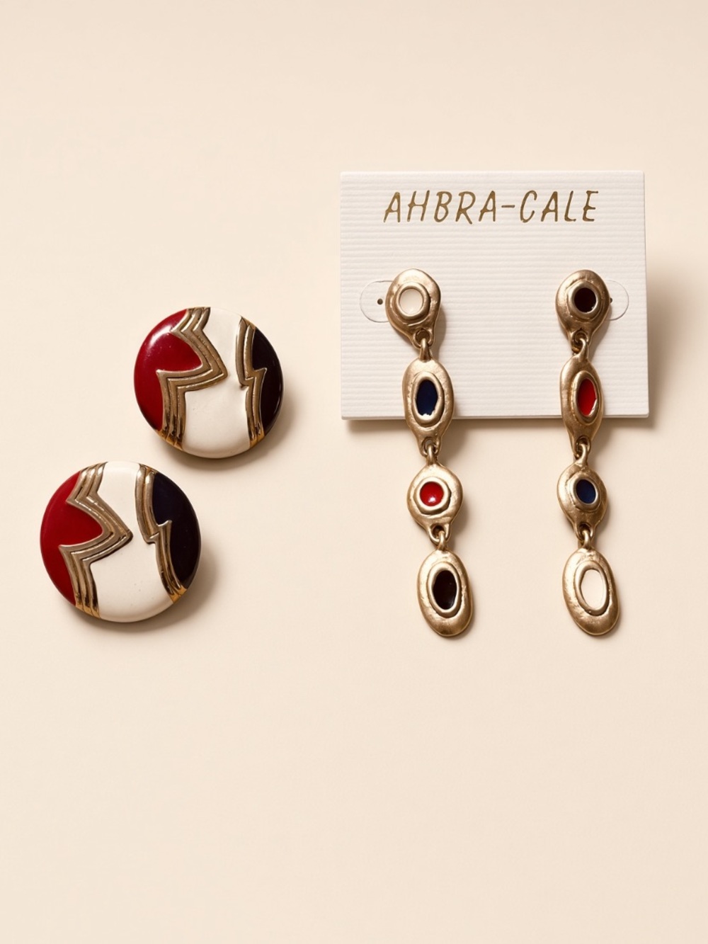 Tricolor Enamel Earring Set — Red, White, Blue Vintage Set of 2 earrings